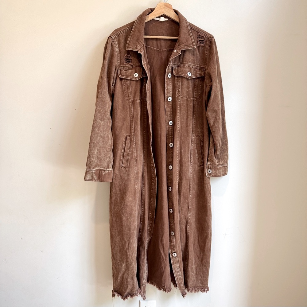 Vintage style western oversized brown jean jacket trench coat distressed XL